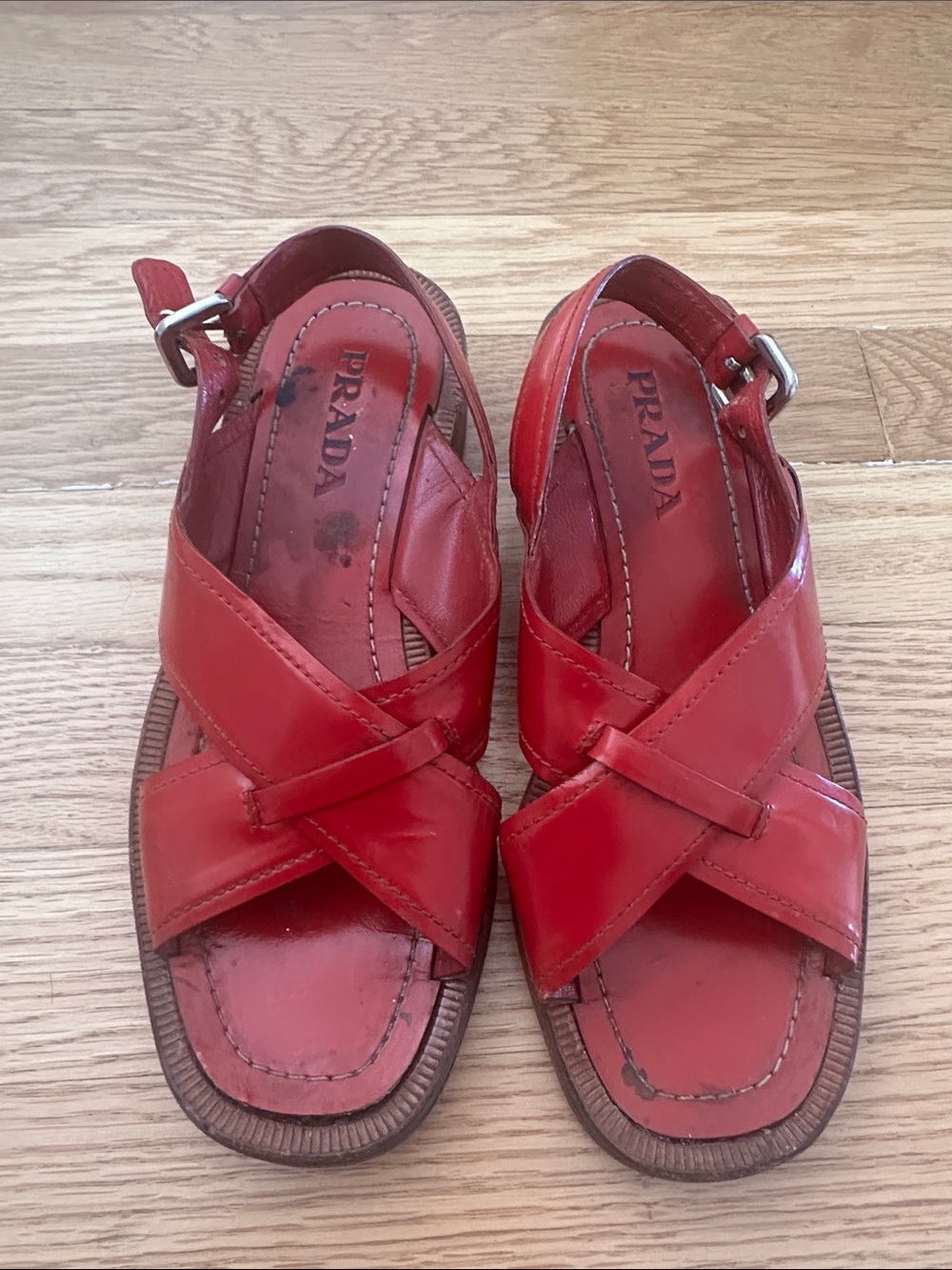 Prada Red Leather Crisscross Buckle Sandals